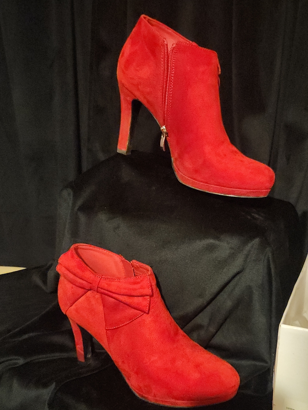 Red Suede Women's Ankle Booties with Side Zip & Bow